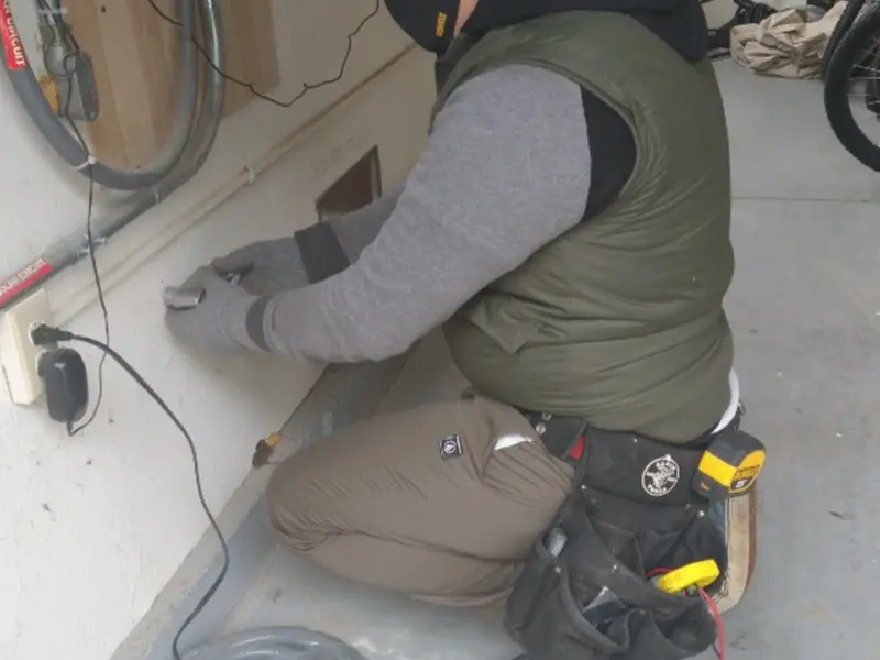 Electrician performing outlet wiring in a Schuyler Falls garage
